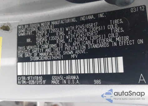 2012 Toyota Highlander Base V6 из США, поврежденный, VIN 5TDBK3EH8CS140401